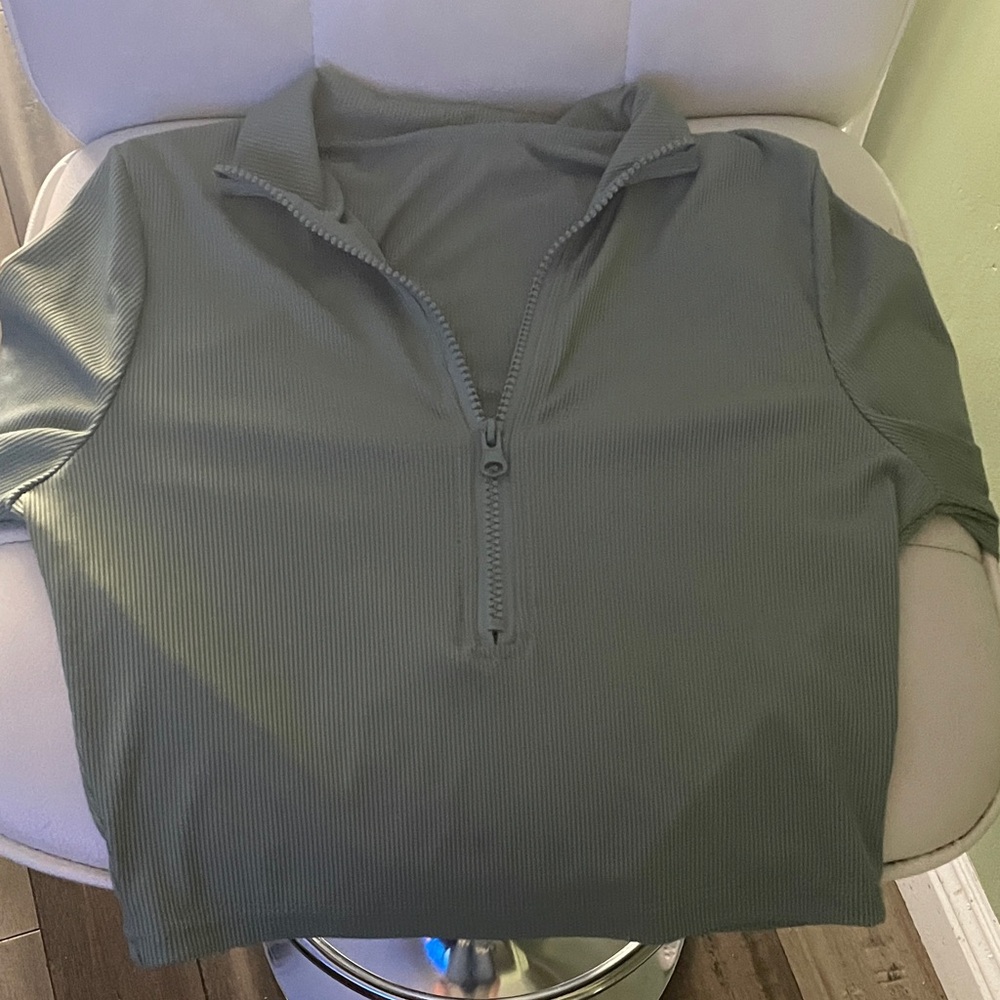 SHEIN Olive Green Ribbed Zip-Up Sweatshirt
